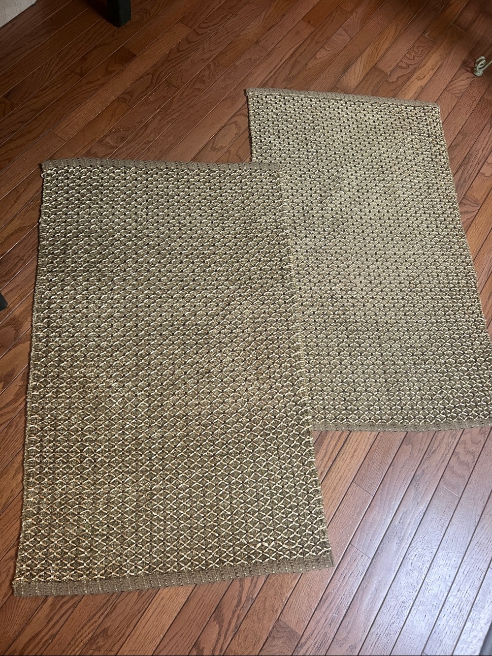 Two Neutral Accent Rugs Woven Classic Gold Green Diamond Pattern 24”x40”